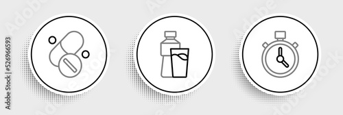 Set line Stopwatch, Vitamin pill and Bottle of water with glass icon. Vector
