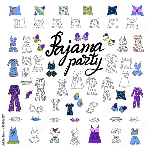 set of doodle-style drawings for the design of a pajama party and a children's bedroom. template Slumber party for kids.  doodle style. good sleep. 