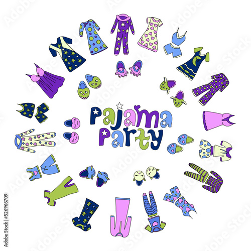 Pajama party invitation. Vector template Slumber party for kids. Set of funny pajamas and nightgowns, pillows and fireboxes arranged in a  circular composition.