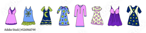  set of cute nightgowns in doodle style. Horizontal composition of a vector illustration
