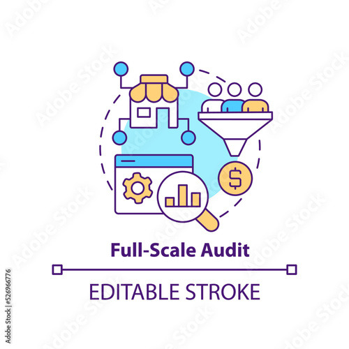 Full scale audit concept icon. Business analytics. Online shop management service abstract idea thin line illustration. Isolated outline drawing. Editable stroke. Arial, Myriad Pro-Bold fonts used