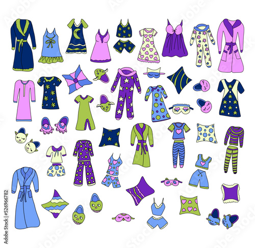  set of doodle-style drawings for the design of a pajama party and a children's bedroom