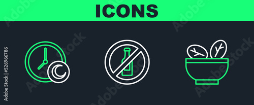 Set line Salad in bowl, Time to sleep and No alcohol icon. Vector