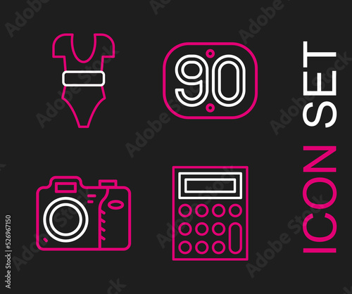 Set line Calculator, Photo camera, 90s Retro and Swimsuit icon. Vector