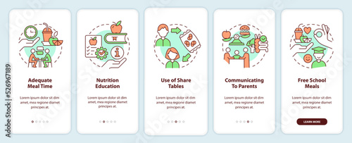 School nutrition for better mental health onboarding mobile app screen. Walkthrough 5 steps editable graphic instruction with linear concepts. UI, UX, GUI template. Myriad Pro-Bold, Regular fonts used