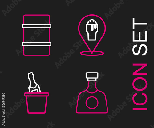 Set line Tequila bottle  Champagne in an ice bucket  Alcohol or beer bar location and Metal keg icon. Vector