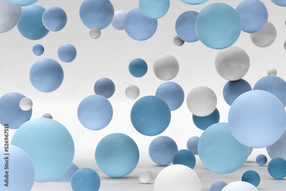 3d rendering of different spheres. Abstract minimalistic backdrop for cosmetics and beauty products presentation. Flying particles. Futuristic background. Design for poster, banner with space for text