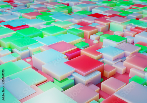 3D render background with geometric shapes and different colors. Squares and cubes with beautiful surfaces