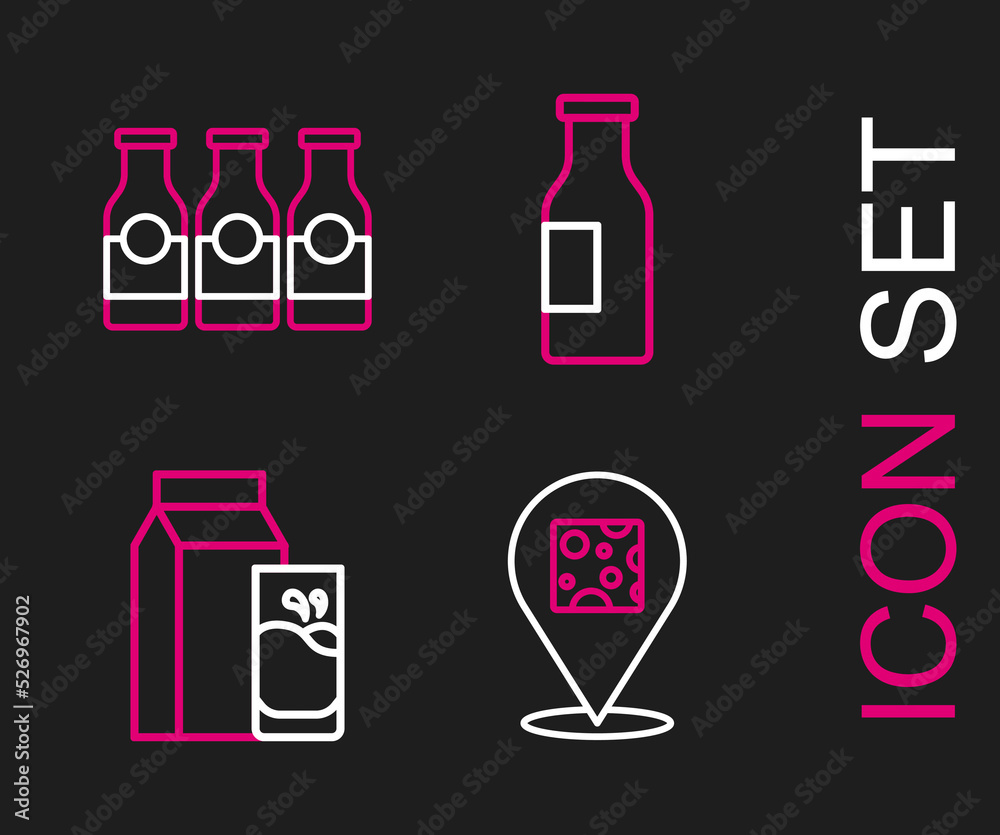 Set line Cheese, Paper package for kefir, Bottle with milk and icon. Vector Set line Cheese, Paper package for kefir, Bottle with milk and icon. Vector