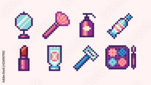 Beauty products pixel art set. Makeup, skincare collection. 8 bit sprite. Game development, mobile app.  Isolated vector illustration.