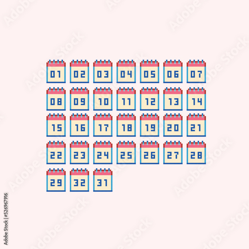 Calendar pages pixel art set. Month day numbers collection. 8 bit sprite. Game development, mobile app.  Isolated vector illustration.