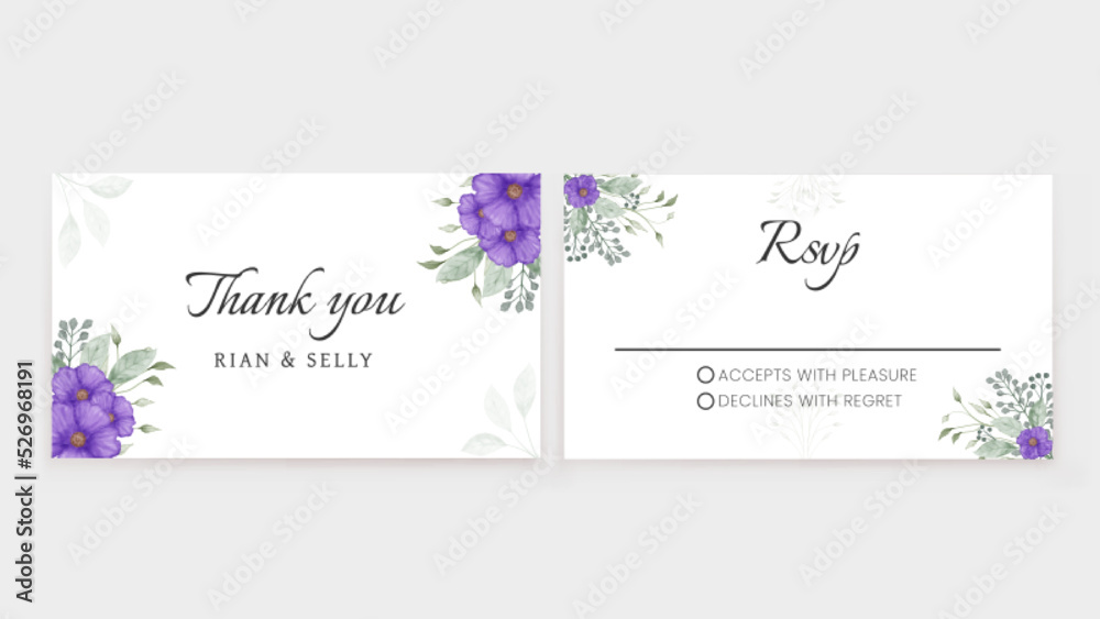 Wedding thanks card template with beautiful purple floral