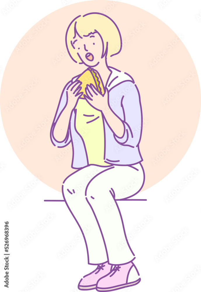 Hungry cute teenage girl sitting and eating sandwich. Blonde girl student enjoying of eating of fast food meal between classes at school. Schoolgirl in casual clothes with open mouth hand drawn 