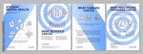 Support child mental health blue gradient brochure template. Back to school. Leaflet design with linear icons. 4 vector layouts for presentation, annual reports. Arial, Myriad Pro-Regular fonts used