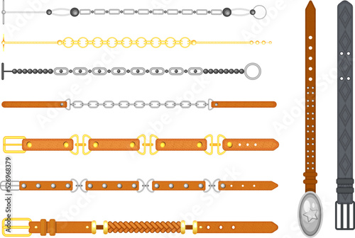Set of leather and metallic belts clothing accessories. Male and female elegant belts made of brown leather, gold and silver chains and metal buckles. Classic and retro fashion accesory flat vector