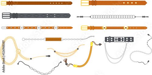 Set of leather and metallic belts clothing accessories. Male and female elegant belts made of brown leather, gold and silver chains and metal buckles. Classic and retro fashion accesory flat vector