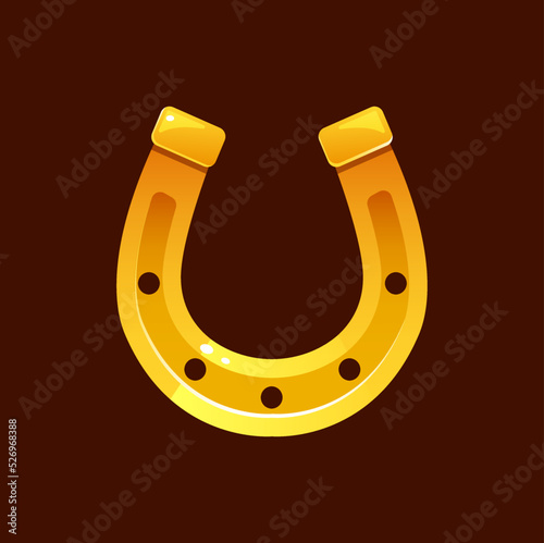 Golden horseshoe symbol of good luck and fortune. Shiny horseshoe talisman and happiness badge. St Patrick Day design element vector