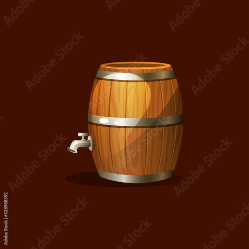 Old wooden oak barrel keg with steel tap. Storage tank cask container with metal rims for wine, beer or whiskey alcohol beverages 3d vector