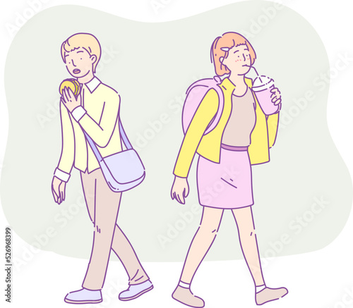 Girl and boy students eating fast food meal while walking. Teenage boy with bag eating hamburger. Schoolgirl with backpack drinking soda. Students snacking between classes hand drawn style vector