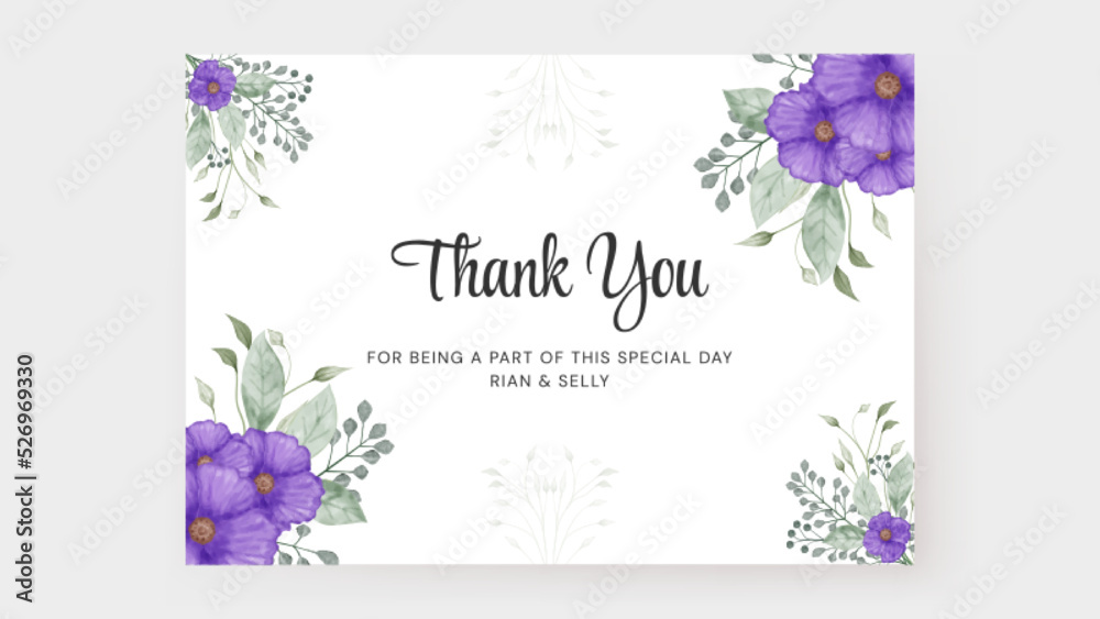 Wedding thanks card template with beautiful purple floral