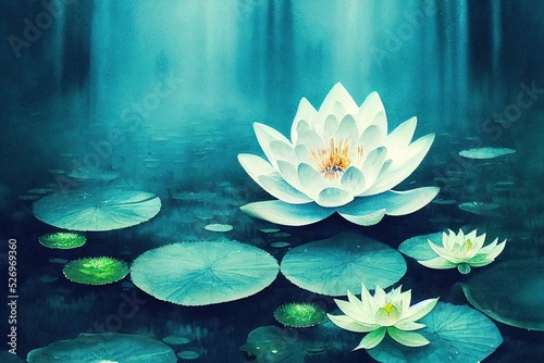 Beautiful watercolor styled blooming white water lily lotus flowers. dreamy fairytale feel in faded blue color tone illustration.