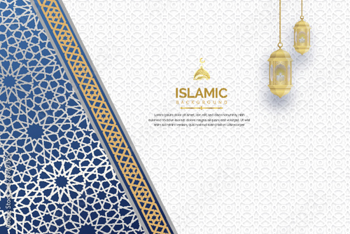 Islamic background design template with blue and white color