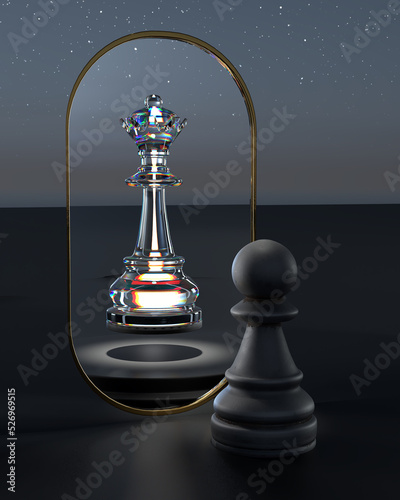 A pawn aspires to become a queen on a chessboard set against a dreamy, dark limbo background. photo