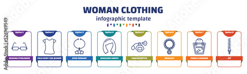 infographic template with icons and 8 options or steps. infographic for woman clothing concept. included reading eyeglasses, polo shirt for women, star pendant, shoulder length, parfum bottle,