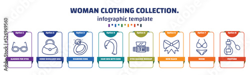 infographic template with icons and 8 options or steps. infographic for woman clothing collection. concept. included glasses for eyes, hobo shoulder bag, diamond ring, hair wig with side, eyes