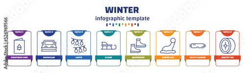 infographic template with icons and 8 options or steps. infographic for winter concept. included christmas card, snowplow, lights, sledge, snowshoes, winter cap, safety glasses, winter tire icons.
