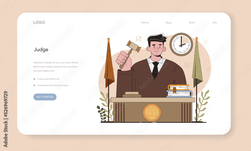 Judge web banner or landing page. Court worker stand for justice and law
