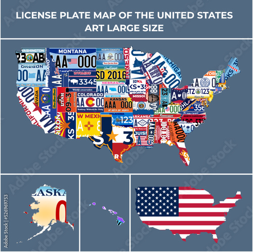 Complete Set 51 United States License Plates - All 51 USA States, Special Design And Regulation For All States, Car numbers of vehicle registration in USA states (abstract numbers) with USA map
