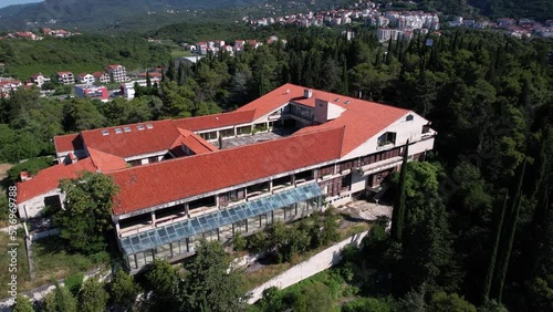 Aerial View of Tito's Villa Galeb in Igalo, Montenegro. Old Summer Residence of Former President of Yugoslavia, Drone Shot photo