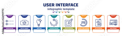 infographic template with icons and 8 options or steps. infographic for user interface concept. included radio button, switch camera, new idea, loading process, writing square, binary code loading,