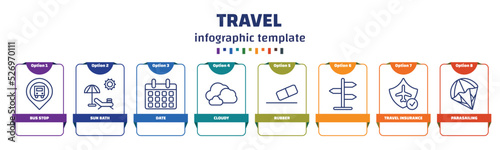 infographic template with icons and 8 options or steps. infographic for travel concept. included bus stop, sun bath, date, cloudy, rubber, , travel insurance, parasailing icons.