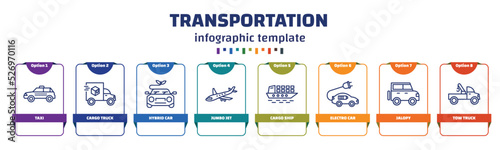 infographic template with icons and 8 options or steps. infographic for transportation concept. included taxi, cargo truck, hybrid car, jumbo jet, cargo ship, electro car, jalopy, tow truck icons.