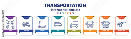 infographic template with icons and 8 options or steps. infographic for transportation concept. included quad, wrecker, scooter, van, lorry, bus, school bus, hang glider icons.