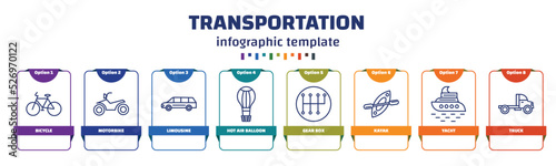 infographic template with icons and 8 options or steps. infographic for transportation concept. included bicycle, motorbike, limousine, hot air balloon, gear box, kayak, yacht, truck icons.