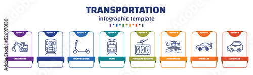 infographic template with icons and 8 options or steps. infographic for transportation concept. included excavators, , micro scooter, tram, funicular railway, hydroplane, sport car, litter car
