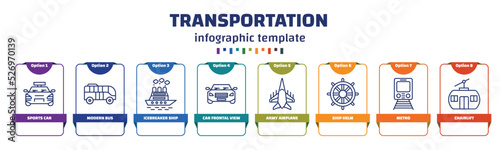 infographic template with icons and 8 options or steps. infographic for transportation concept. included sports car, modern bus, icebreaker ship, car frontal view, army airplane, ship helm, metro,