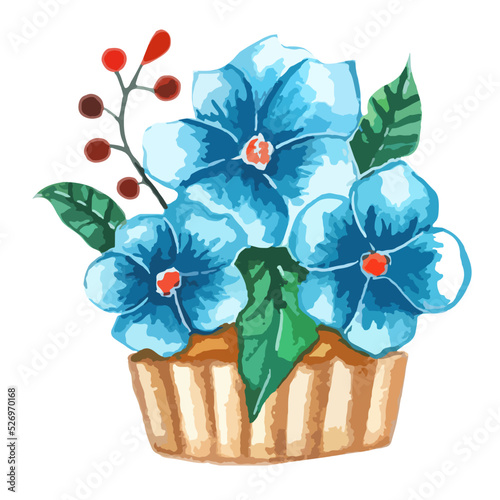 element is basket for biscuit cake with three sky blue flowers, forget me nots and sprig of red berries. sweet watercolor illustration