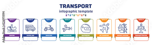 infographic template with icons and 8 options or steps. infographic for transport concept. included boating, school van, quad bike, car painting, motorsport, air transport, airport checking,