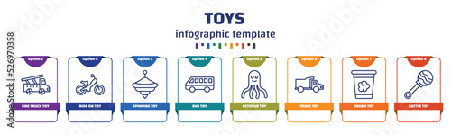 infographic template with icons and 8 options or steps. infographic for toys concept. included fire truck toy, ride on toy, spinning toy, bus octopus truck dough rattle icons.