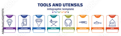 infographic template with icons and 8 options or steps. infographic for tools and utensils concept. included incandescent, hand phones, filtering, iron table, headphone variant, paper cutter, photo