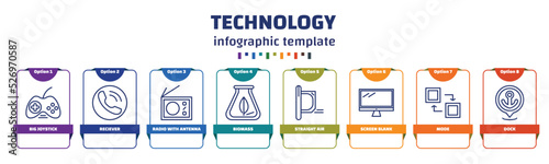 infographic template with icons and 8 options or steps. infographic for technology concept. included big joystick, reciever, radio with antenna, biomass, straight air, screen blank, mode, dock