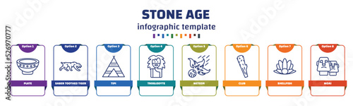 infographic template with icons and 8 options or steps. infographic for stone age concept. included plate, saber toothed tiger, tipi, troglodyte, meteor, club, shellfish, moai icons.