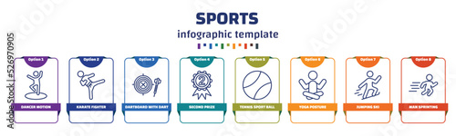 infographic template with icons and 8 options or steps. infographic for sports concept. included dancer motion, karate fighter, dartboard with dart, second prize, tennis sport ball, yoga posture,