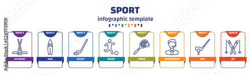 infographic template with icons and 8 options or steps. infographic for sport concept. included ice hockey, surf, hockey, soccer, tennis, commentator, golf, ski icons.