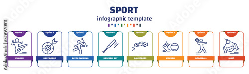 infographic template with icons and 8 options or steps. infographic for sport concept. included kung fu, dart board, baton twirling, baseball bat, rallycross, kickball, dodgeball, sumo icons.