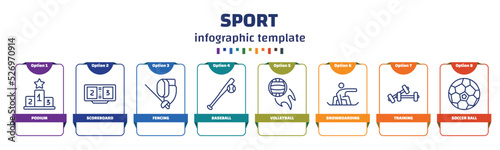 infographic template with icons and 8 options or steps. infographic for sport concept. included podium, scoreboard, fencing, baseball, volleyball, snowboarding, training, soccer ball icons.